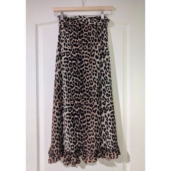 NWT Ganni | Mesh Ruffle Midi Wrap Skirt In Leopard - Picture 4 of 16